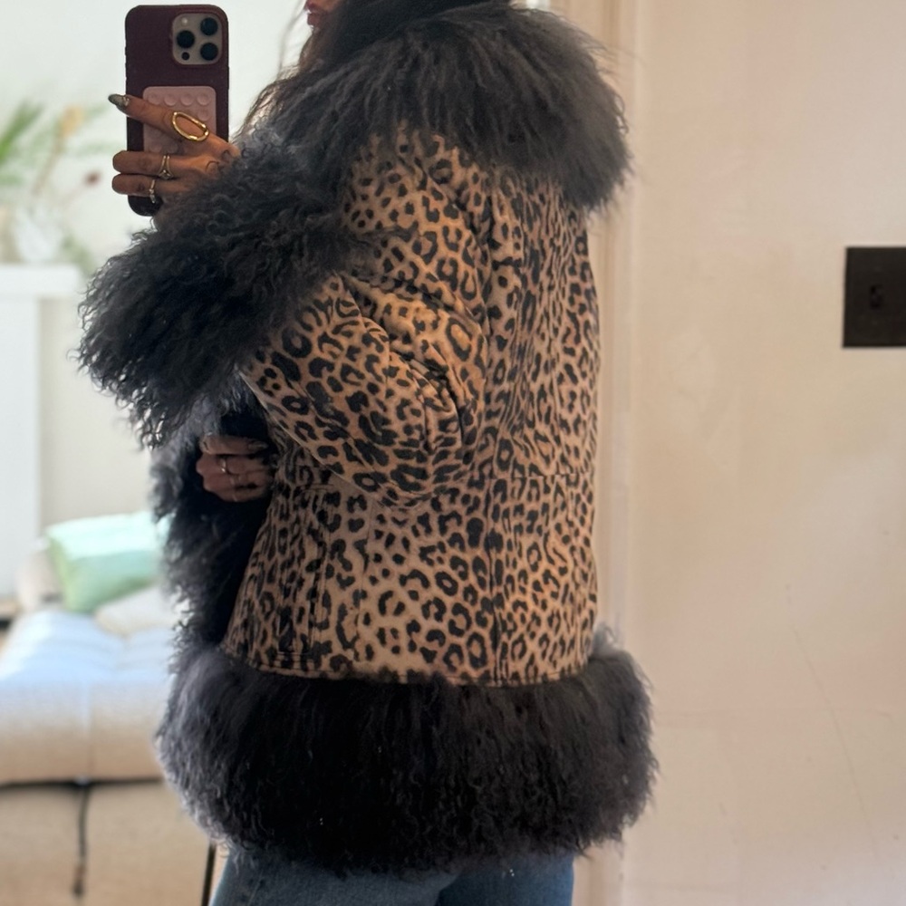 KONG Leopard Suede Mongolian Lamb Trim Jacket - Charcoal- Size S - Picture 6 of 11